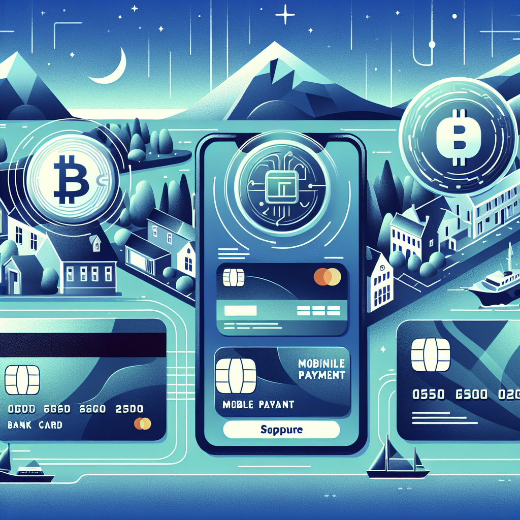 Illustrasjon av ulike digitale betalingsmetoder for nettcasino: bankkort, mobilbetaling, e-lommebok og kryptovaluta over en stilisert norsk kystbakgrunn, moderne og profesjonell