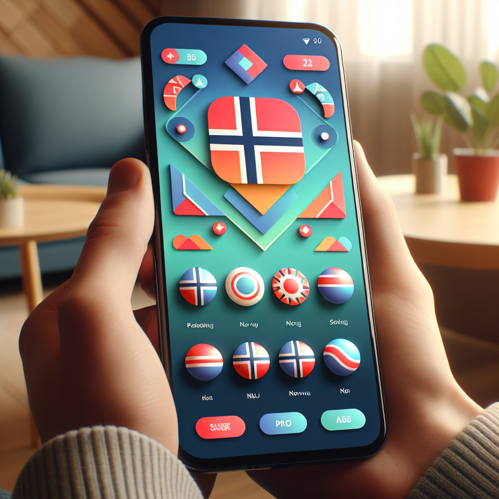 Nærbilde av en moderne smarttelefon som viser fargerikt mobilcasino-grensesnitt, norske elementer, rolig bakgrunn, flat design og tydelige ikoner