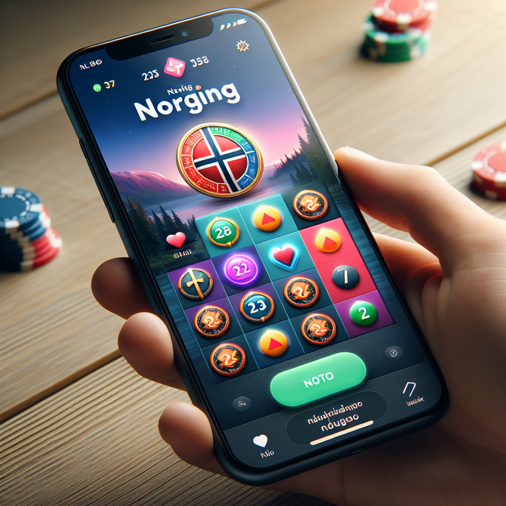 Nærbilde av en moderne smarttelefon som viser et fargerikt mobilcasino-grensesnitt, norsk stil, rent design og god lyssetting