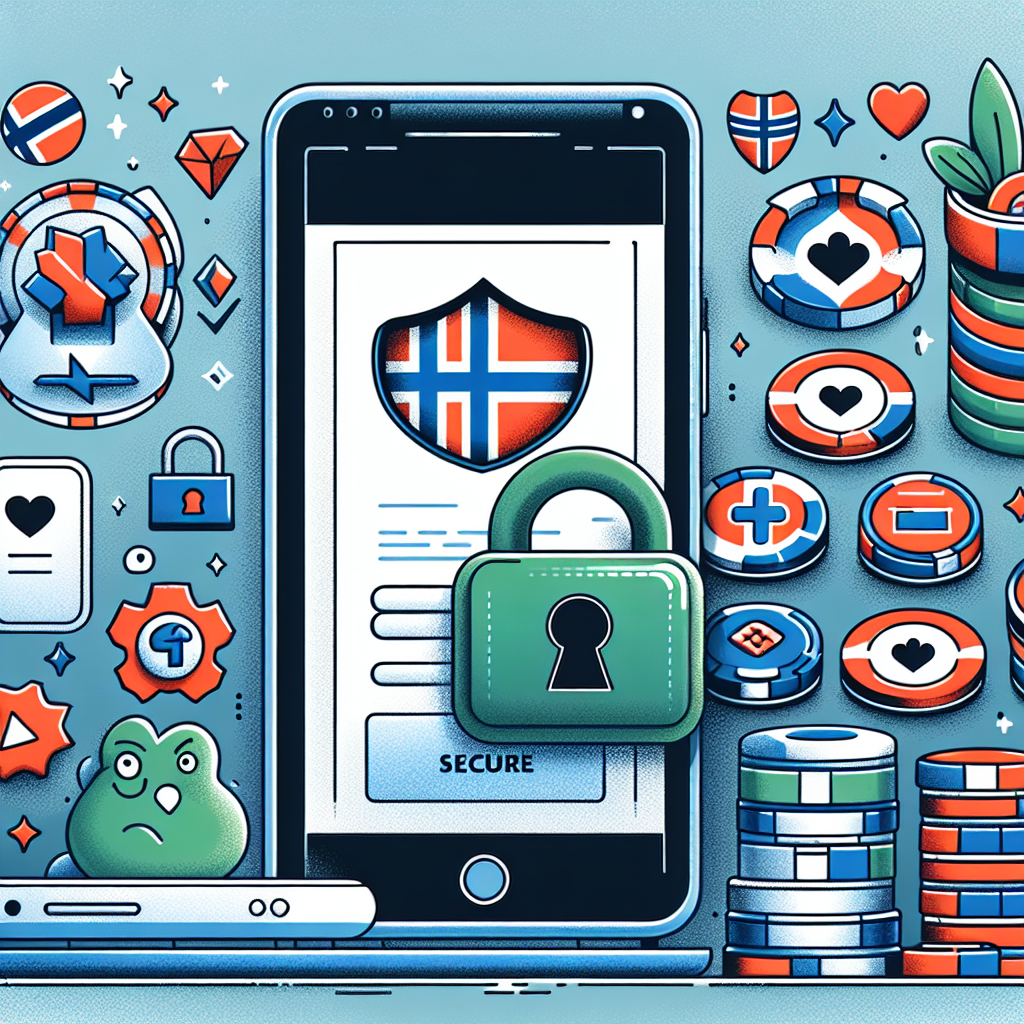 Illustrasjon av trygg norsk nettcasino-opplevelse: norsk flagg-toner, mobil og laptop med sikre lås-symboler, ansvarlig spilling-ikoner, moderne og profesjonell stil