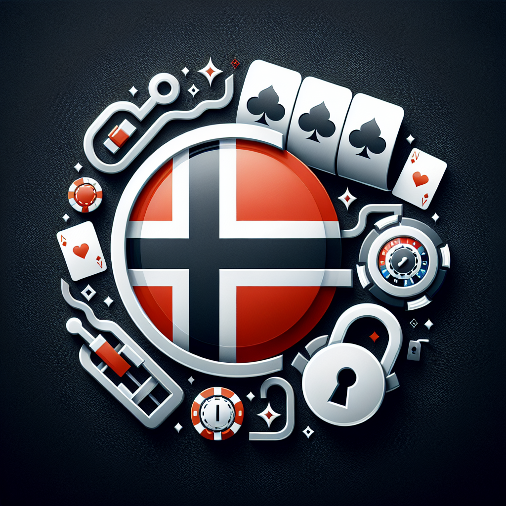Moderne, stilren illustrasjon av norsk flagg kombinert med casino-symboler (kort, spillemaskin, lås) som symboliserer sikkerhet og regulering