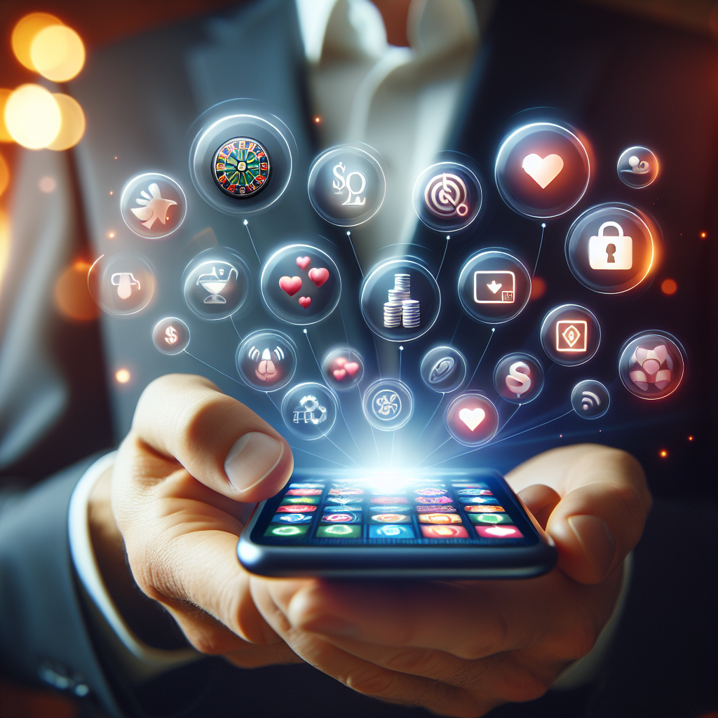 Nærbilde av en hånd som holder en moderne smarttelefon med casino-apper på skjermen, myk kveldsbelysning, symboler for sikkerhet og betalingsikoner, profesjonelt og innbydende